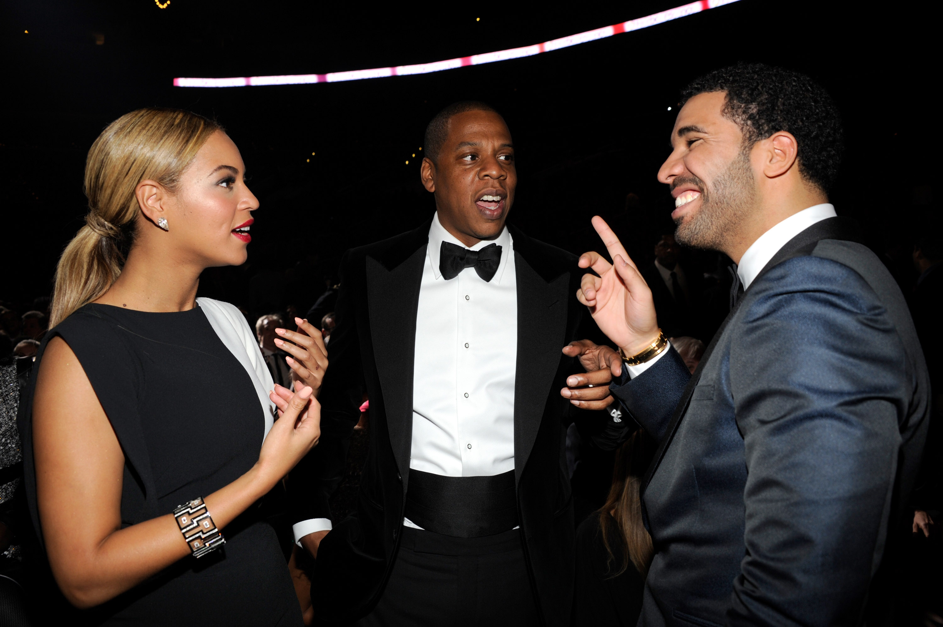LOS ANGELES, CA - FEBRUARY 10:  Beyonce, Jay-Z and Drake attend the 55th Annual GRAMMY Awards at STAPLES Center on February 10, 2013 in Los Angeles, California.  (Photo by Kevin Mazur/WireImage)
