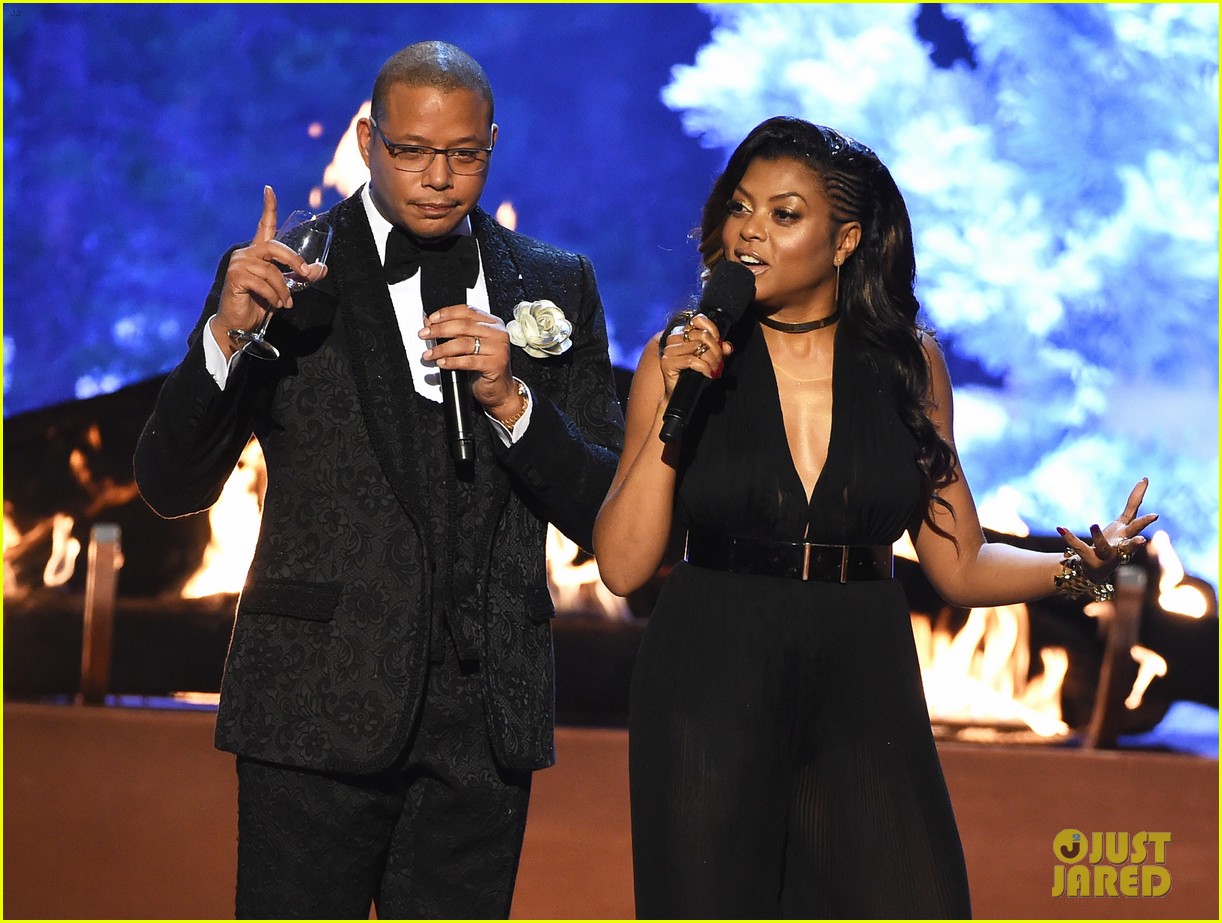 CULVER CITY, CA - JUNE 06: Co-hosts Terrence Howard (L) and Taraji P. Henson speak onstage during Spike TV's Guys Choice 2015 at Sony Pictures Studios on June 6, 2015 in Culver City, California. (Photo by Kevin Winter/Getty Images for Spike TV)