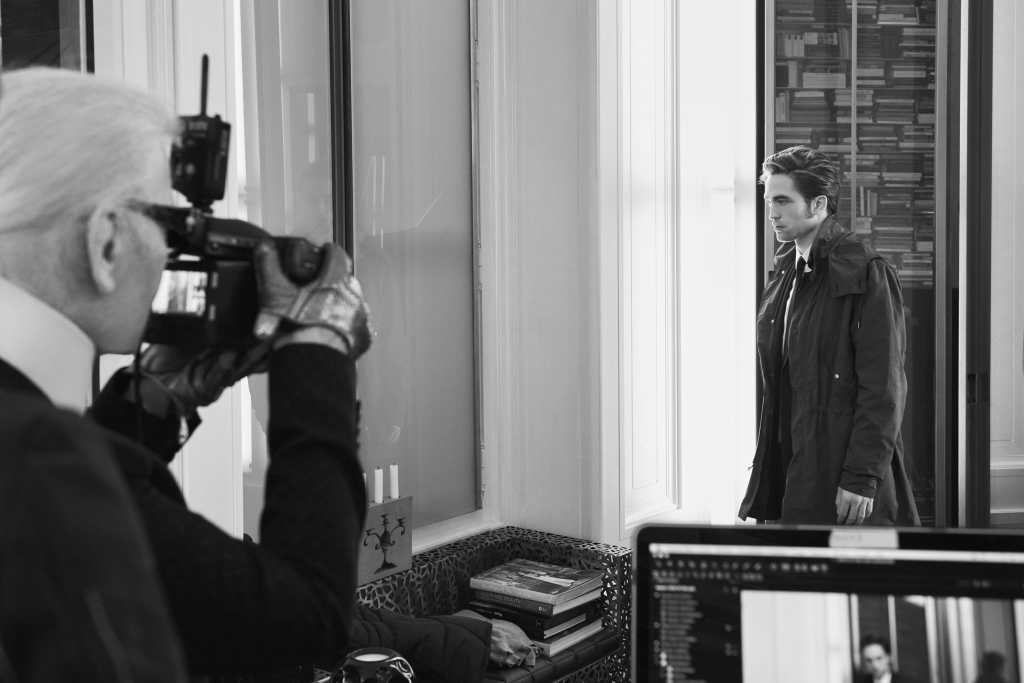 Behind the scenes of the Dior Homme fall 2016 campaign shoot, featuring Robert Pattinson, photographed by Karl Lagerfeld.